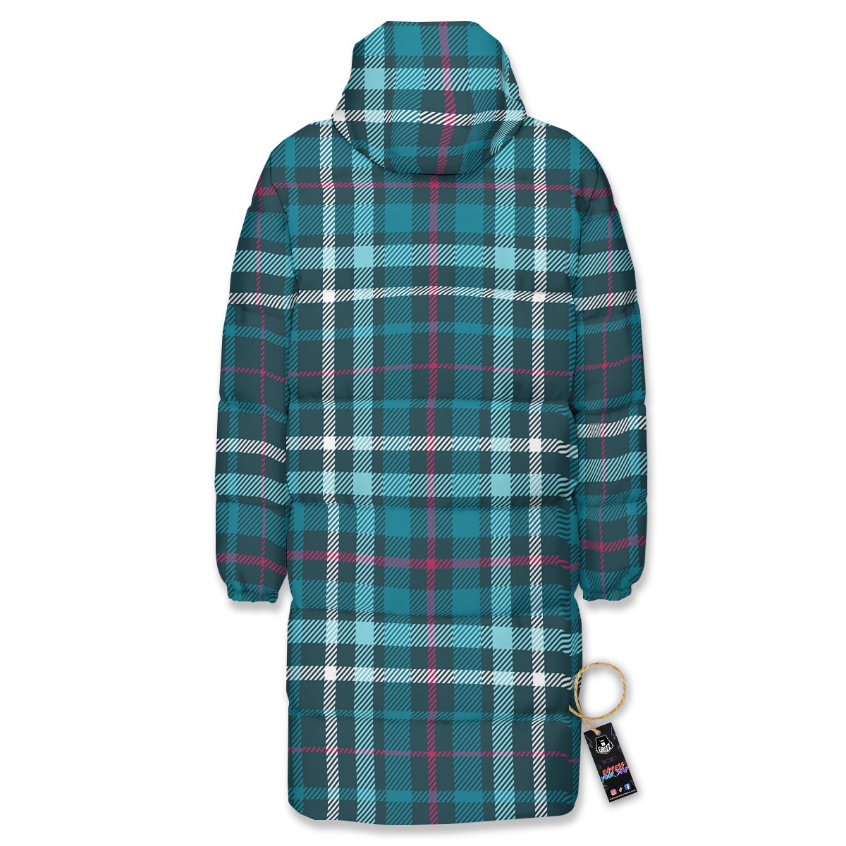 Plaid Teal Print Pattern Long Down Jacket-grizzshop