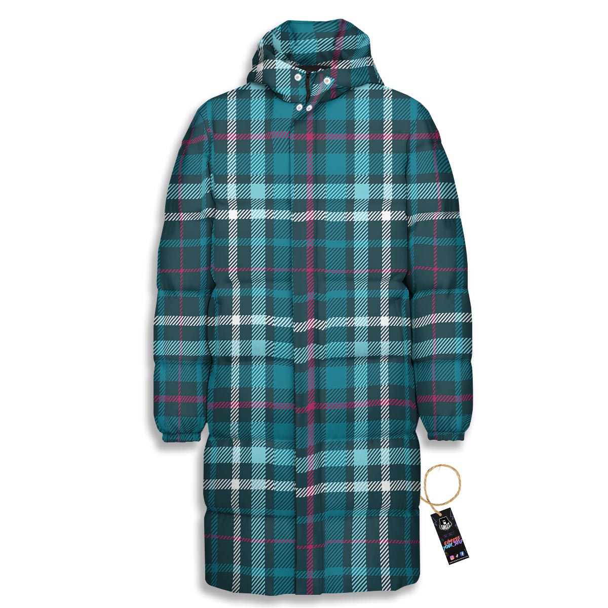 Plaid Teal Print Pattern Long Down Jacket-grizzshop