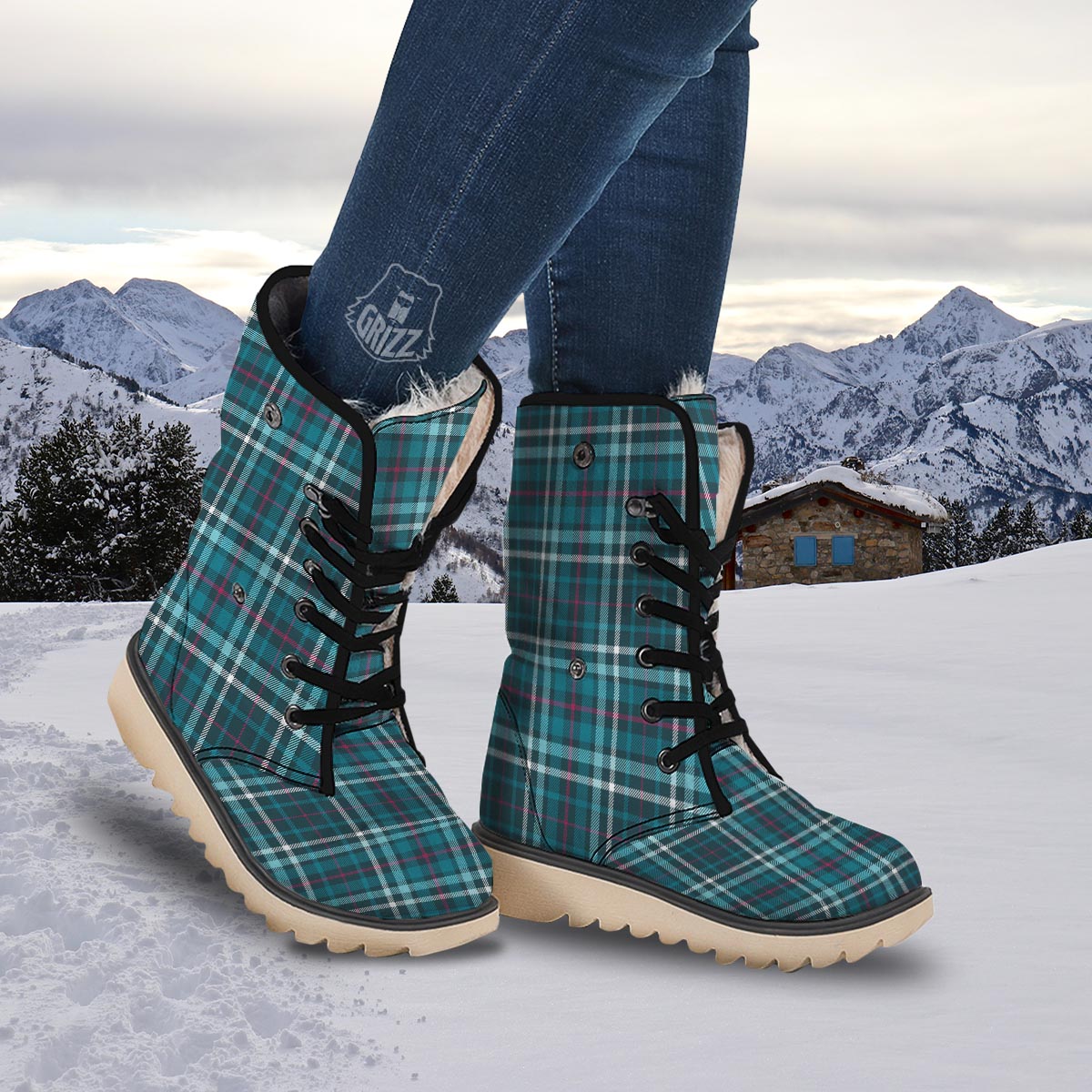 Plaid Teal Print Pattern Snow Boots-grizzshop