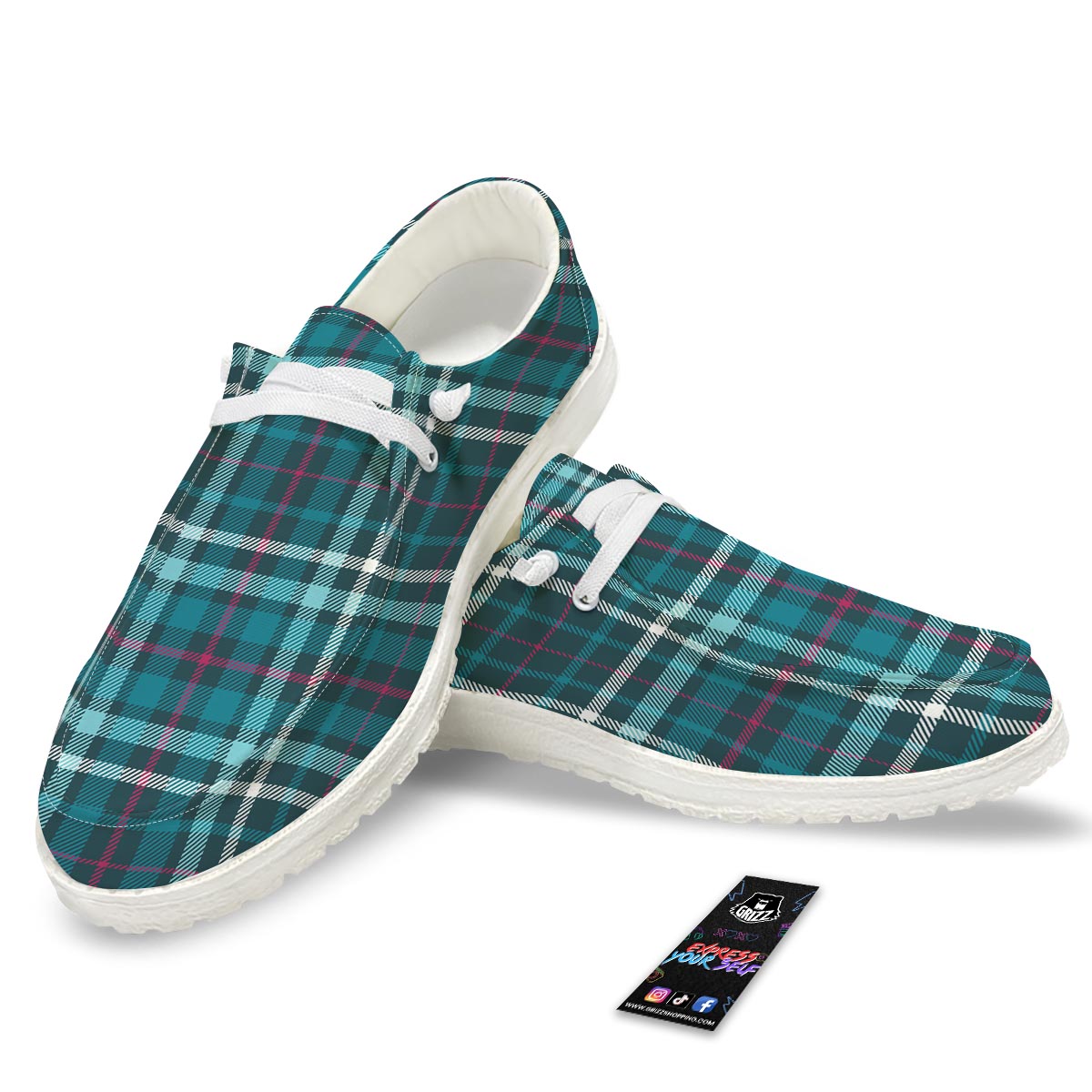 Plaid Teal Print Pattern White Loafers-grizzshop