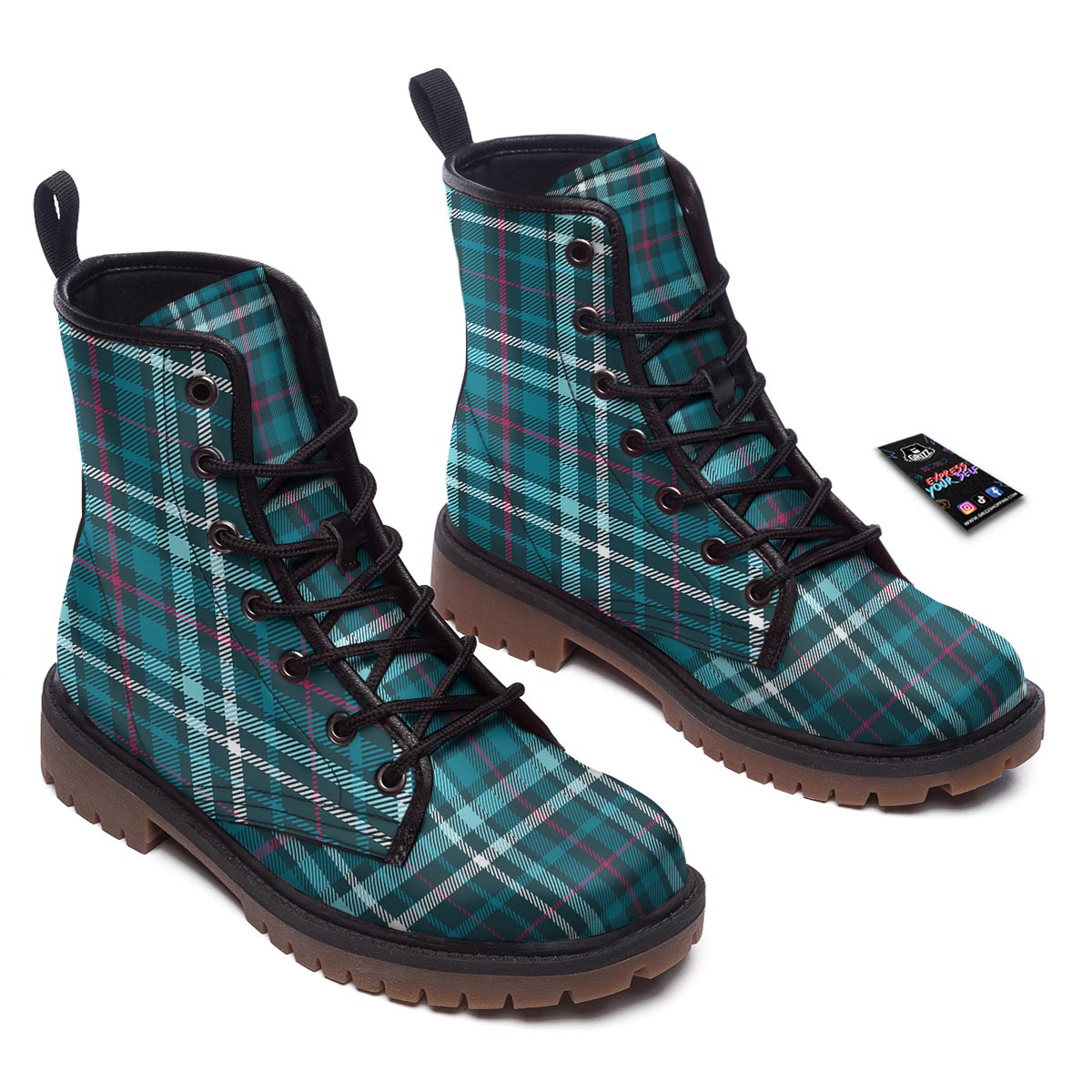 Plaid Teal Print Pattern Work Boots-grizzshop