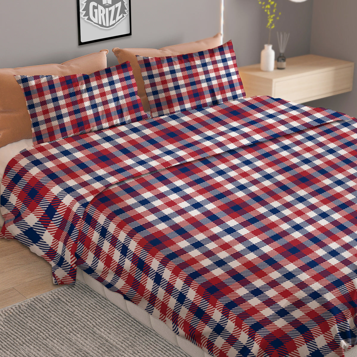 Plaid USA Patriotic Print Pattern Duvet Cover Bedding Set