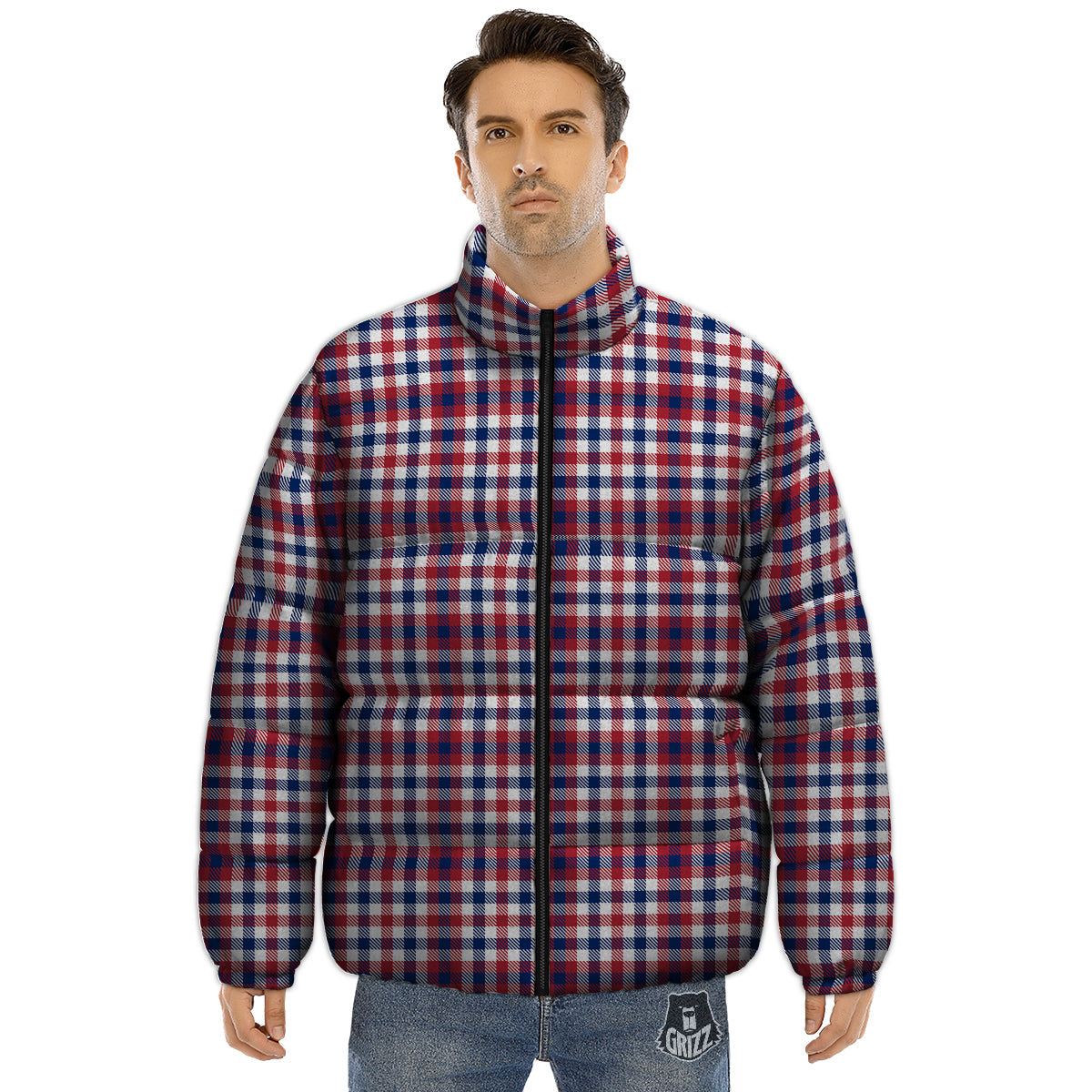 Plaid USA Patriotic Print Pattern Puffer Jacket-grizzshop