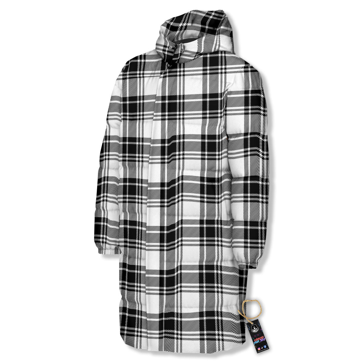 Plaid White And Black Print Pattern Long Down Jacket-grizzshop