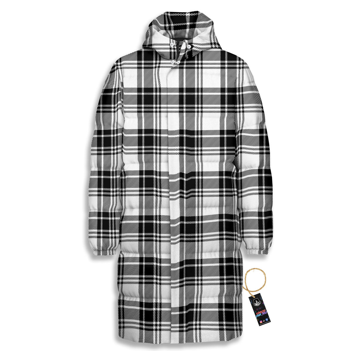 Plaid White And Black Print Pattern Long Down Jacket-grizzshop