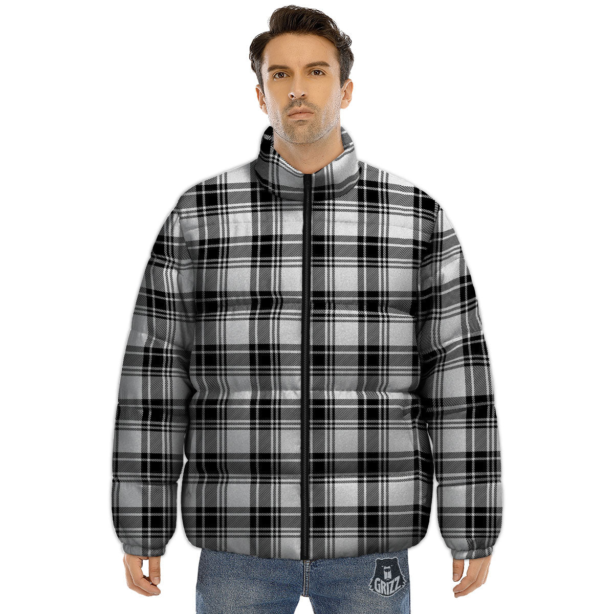 Plaid White And Black Print Pattern Puffer Jacket-grizzshop