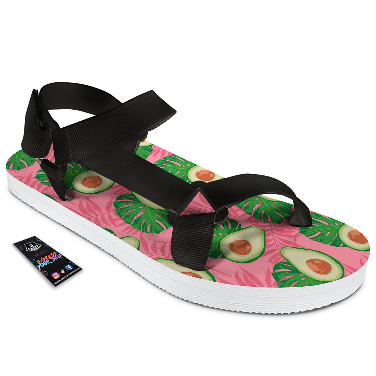 Plam Leaf And Avocado Pink Print Pattern Black Open Toe Sandals-grizzshop