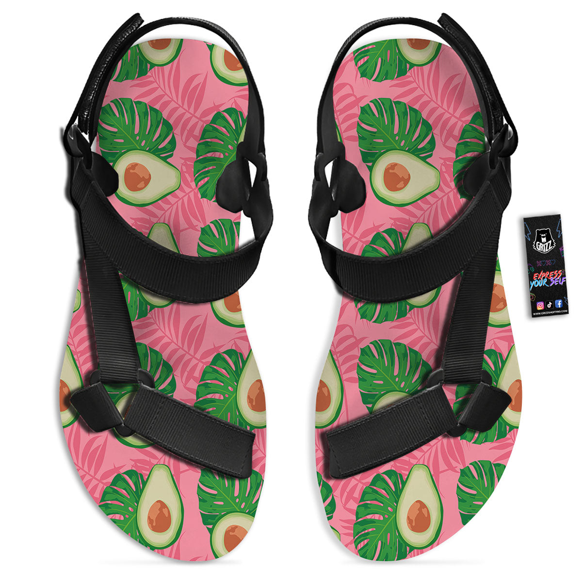 Plam Leaf And Avocado Pink Print Pattern Black Open Toe Sandals-grizzshop