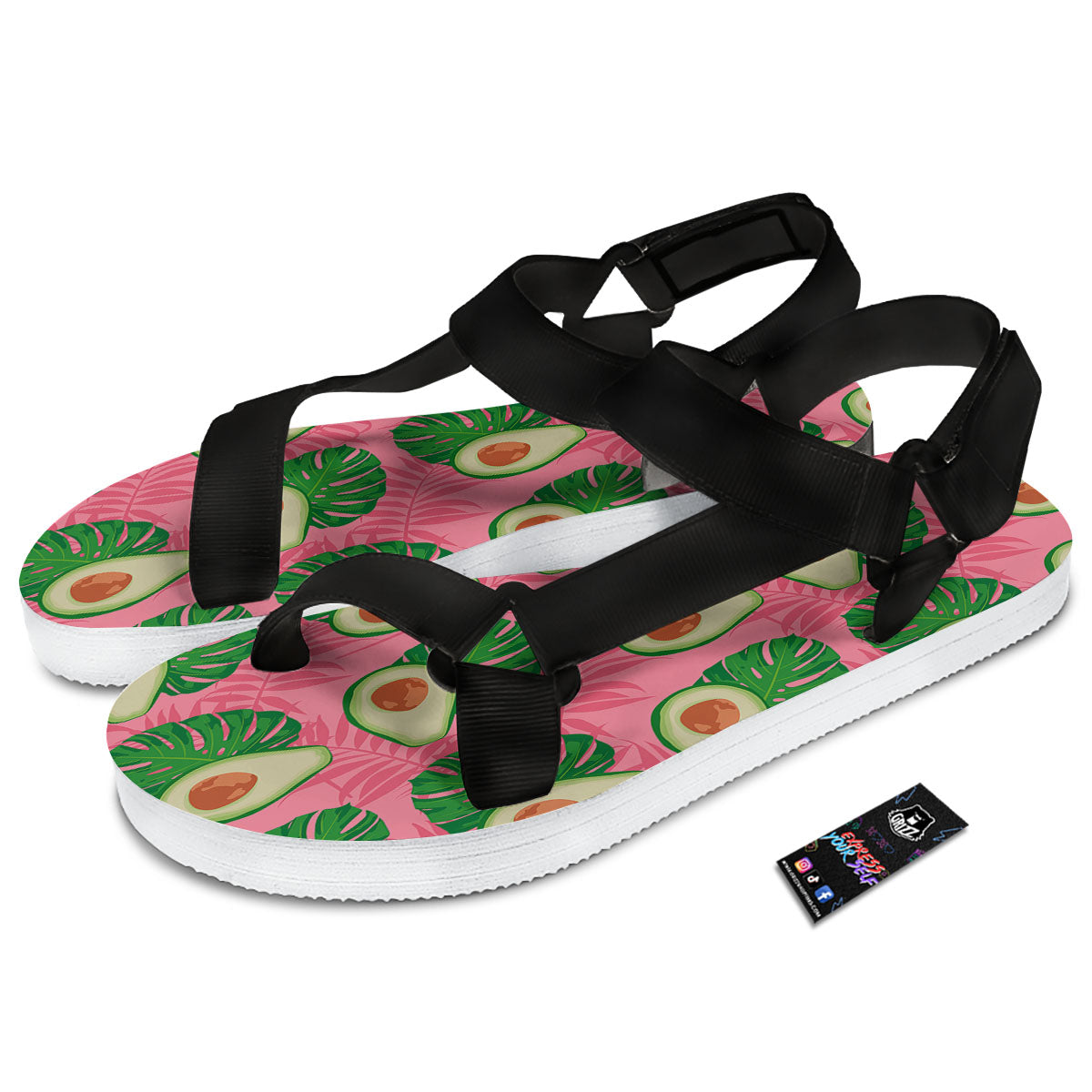 Plam Leaf And Avocado Pink Print Pattern Black Open Toe Sandals-grizzshop