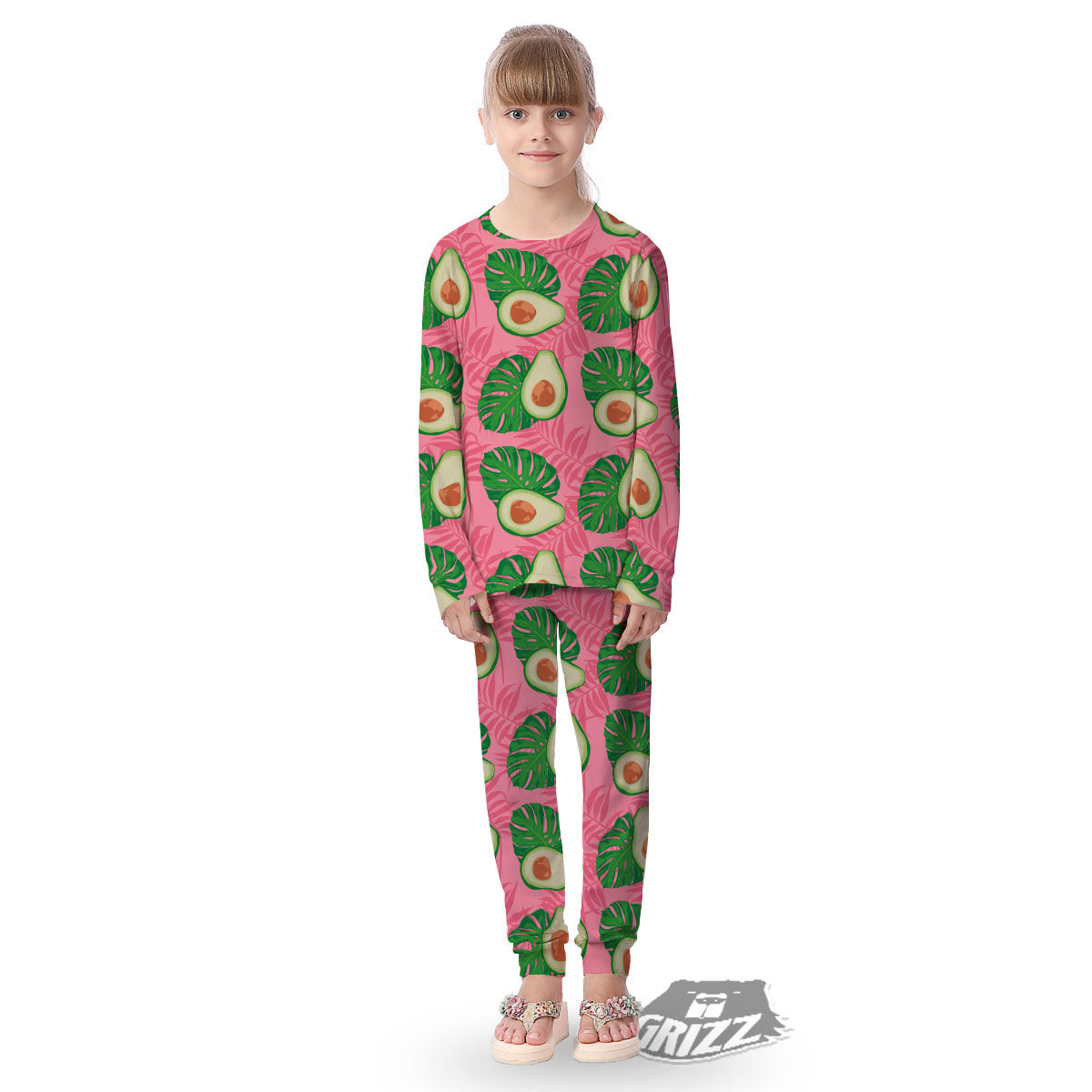 Plam Leaf And Avocado Pink Print Pattern Kid's Pajamas-grizzshop