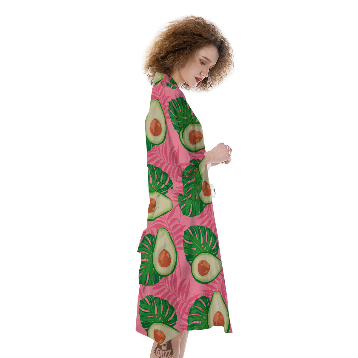 Plam Leaf And Avocado Pink Print Pattern Kimono-grizzshop