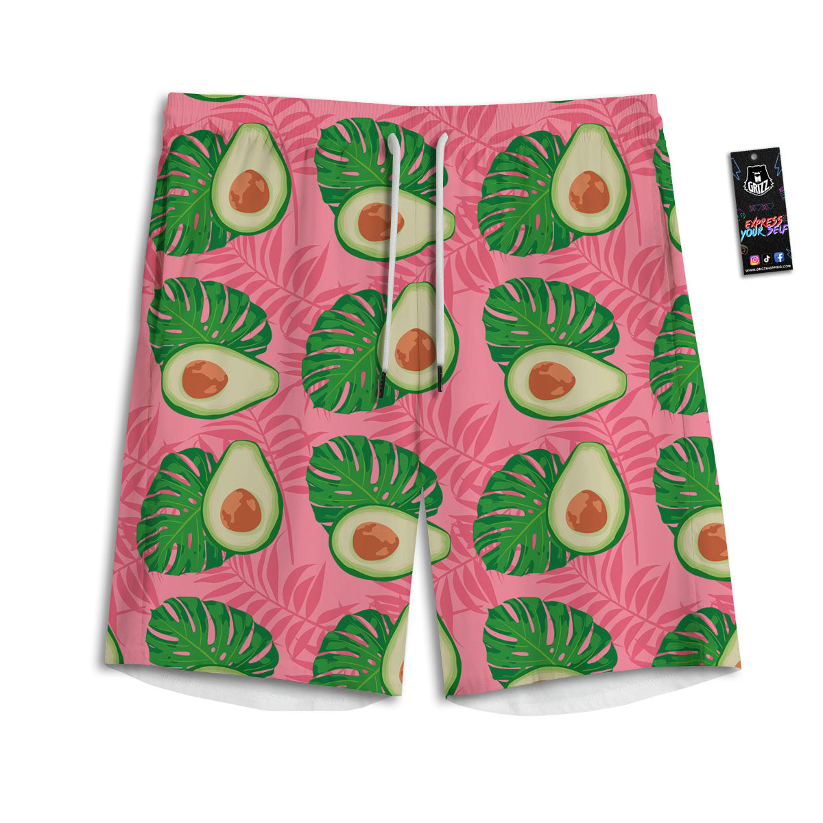 Plam Leaf And Avocado Pink Print Pattern Men's Athletic Shorts