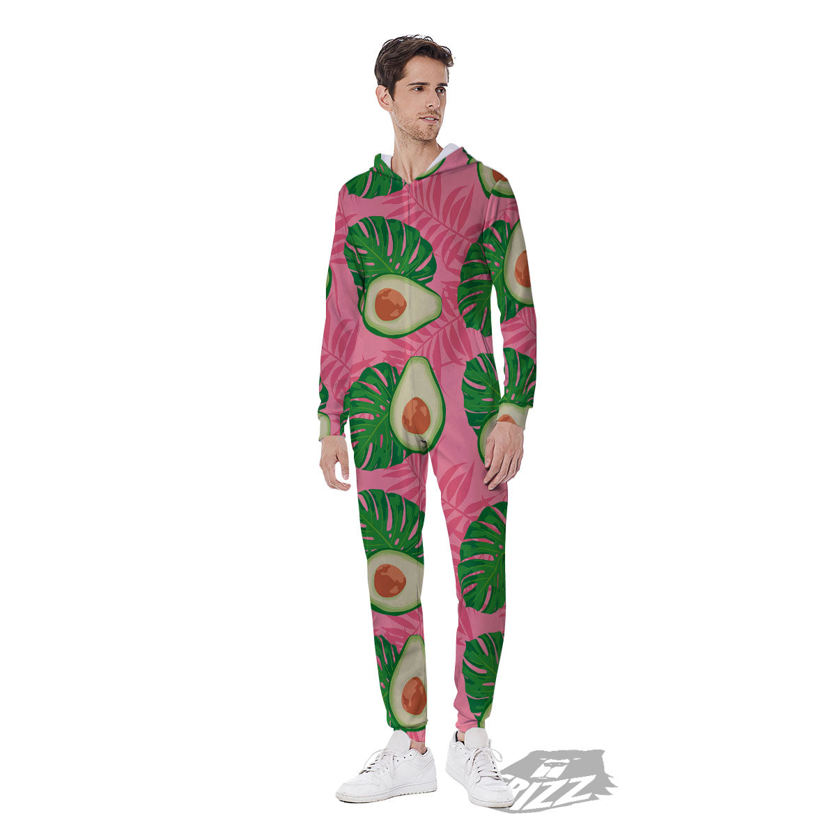 Plam Leaf And Avocado Pink Print Pattern Men's Jumpsuit-grizzshop