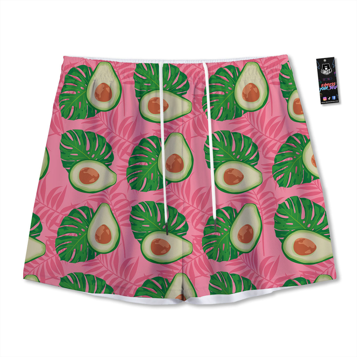 Plam Leaf And Avocado Pink Print Pattern Mesh Shorts