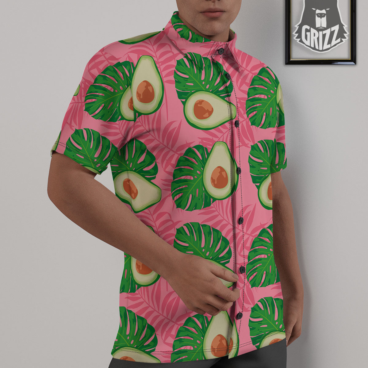 Plam Leaf And Avocado Pink Print Pattern Untucked Shirts-grizzshop