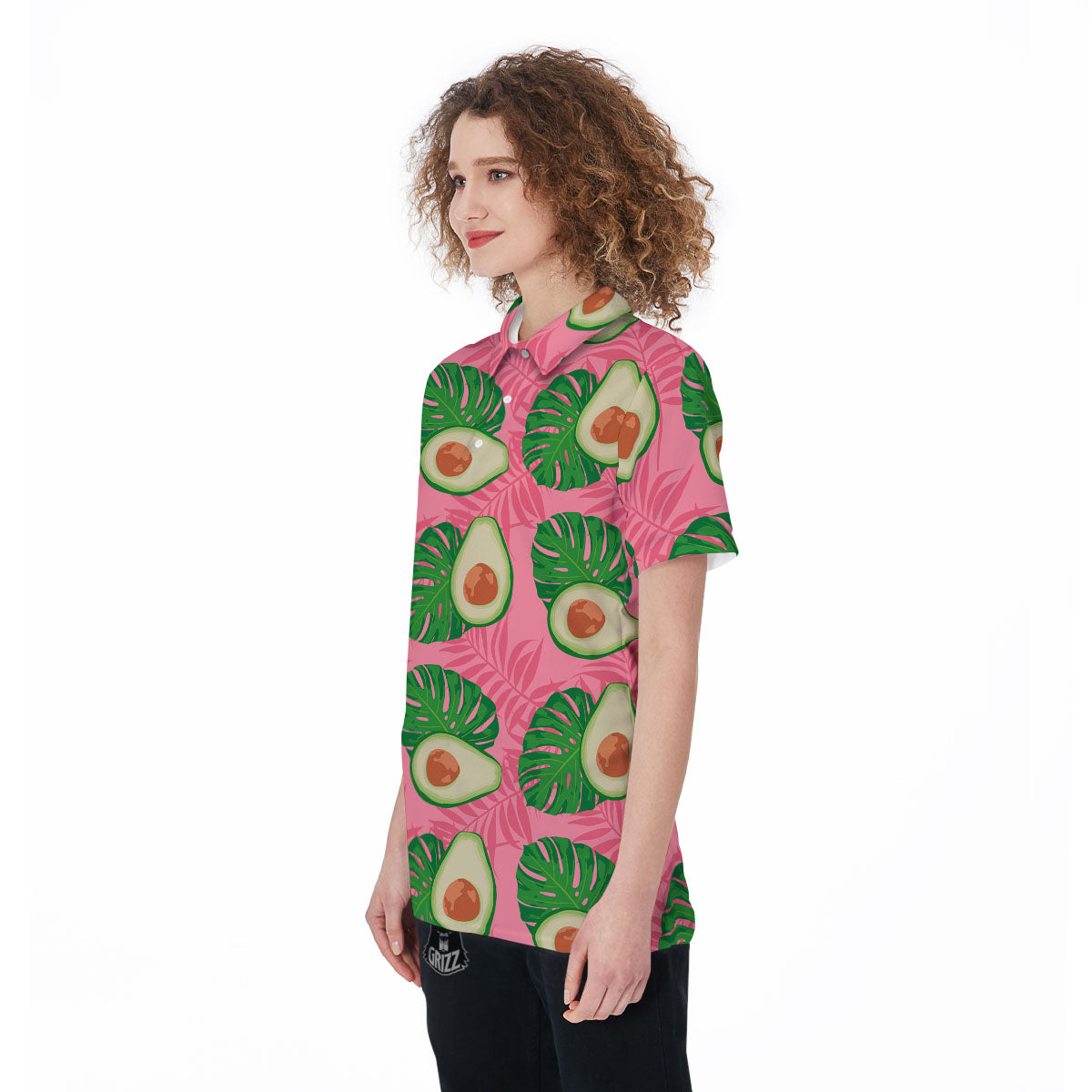 Plam Leaf And Avocado Pink Print Pattern Women's Golf Shirts-grizzshop