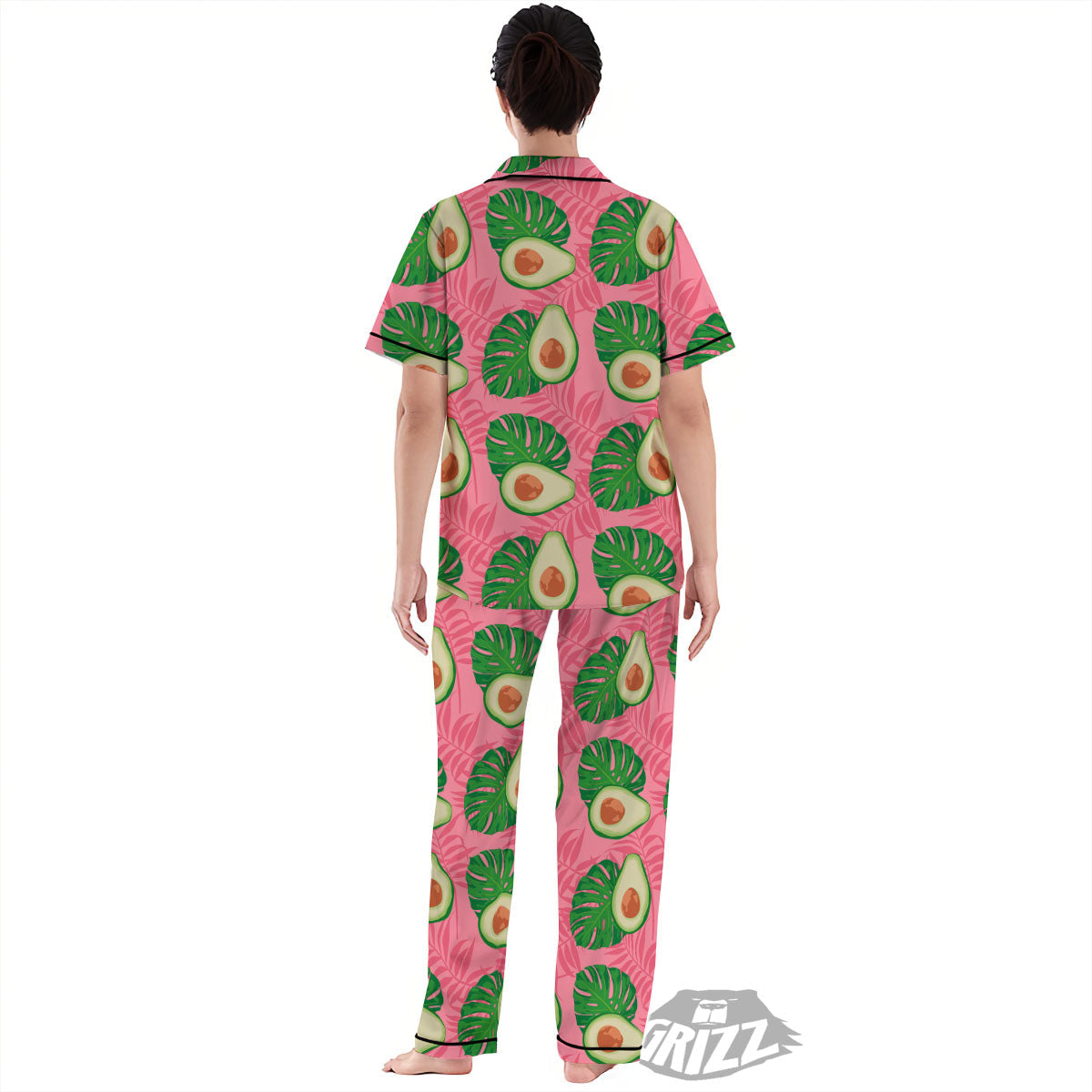 Plam Leaf And Avocado Pink Print Pattern Women's Pajamas Set-grizzshop