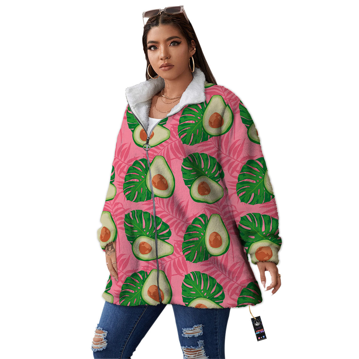 Plam Leaf And Avocado Pink Print Pattern Women's Sherpa Jacket-grizzshop