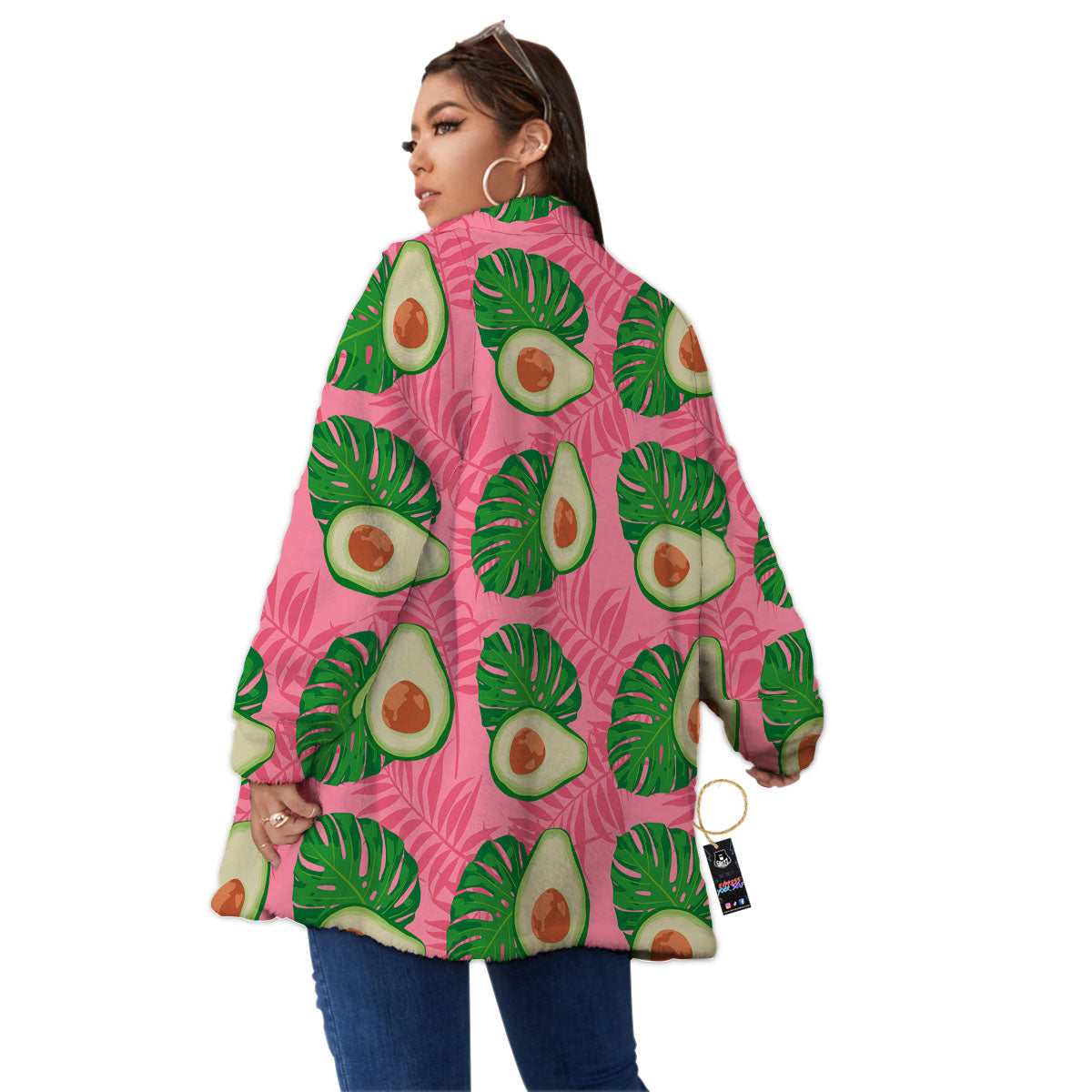 Plam Leaf And Avocado Pink Print Pattern Women's Sherpa Jacket-grizzshop