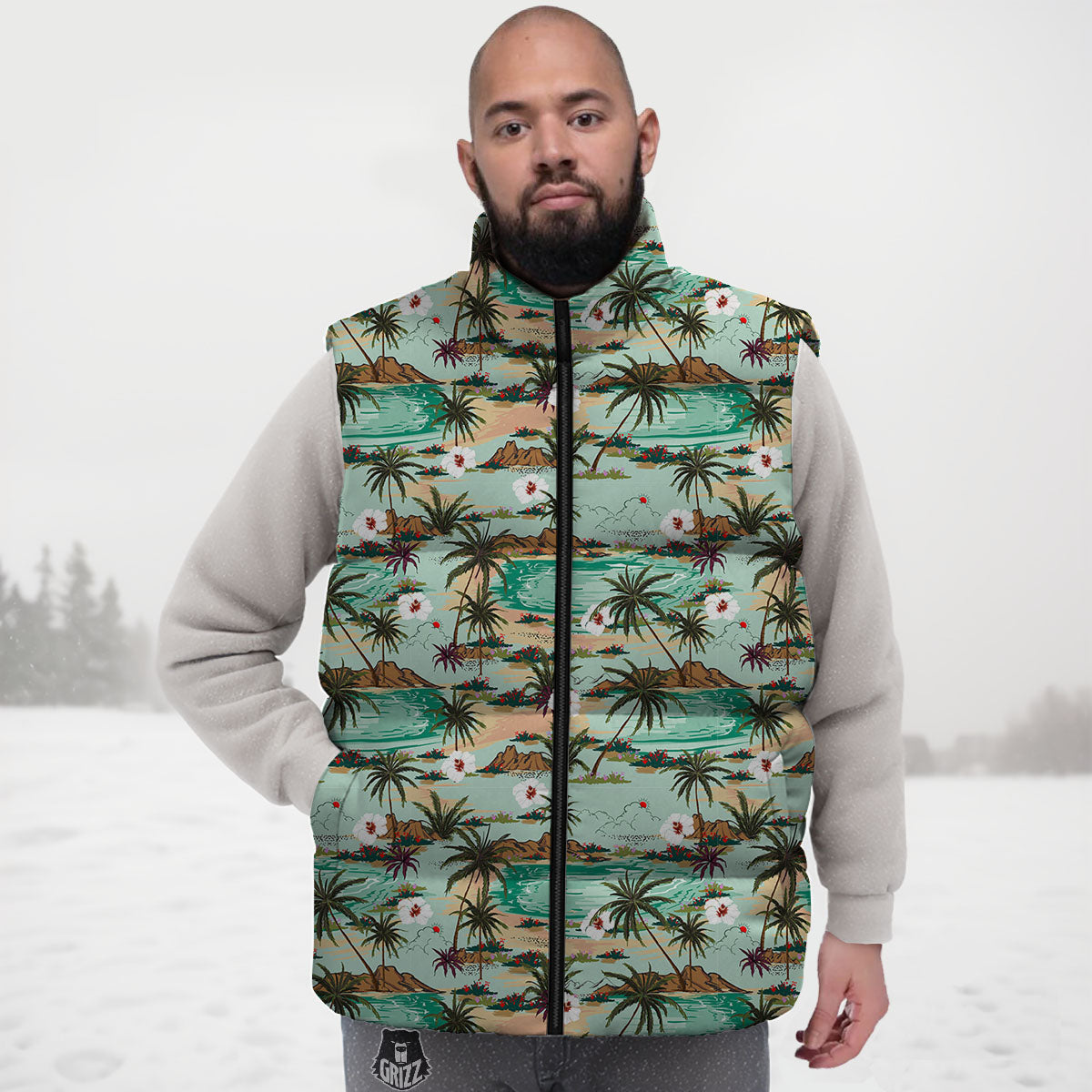 Plam Tree Beach Summer Print Pattern Down Vest-grizzshop