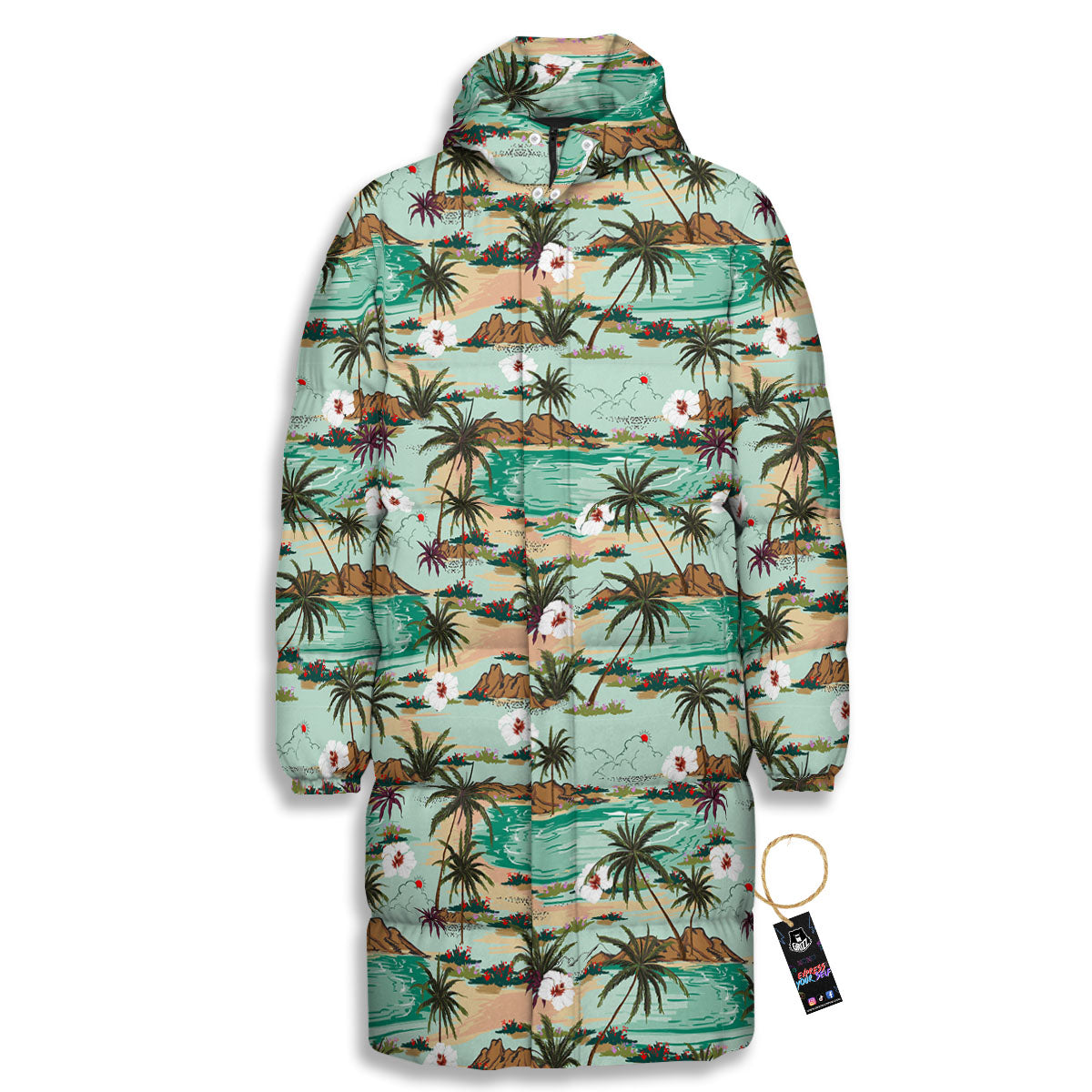 Plam Tree Beach Summer Print Pattern Long Down Jacket-grizzshop