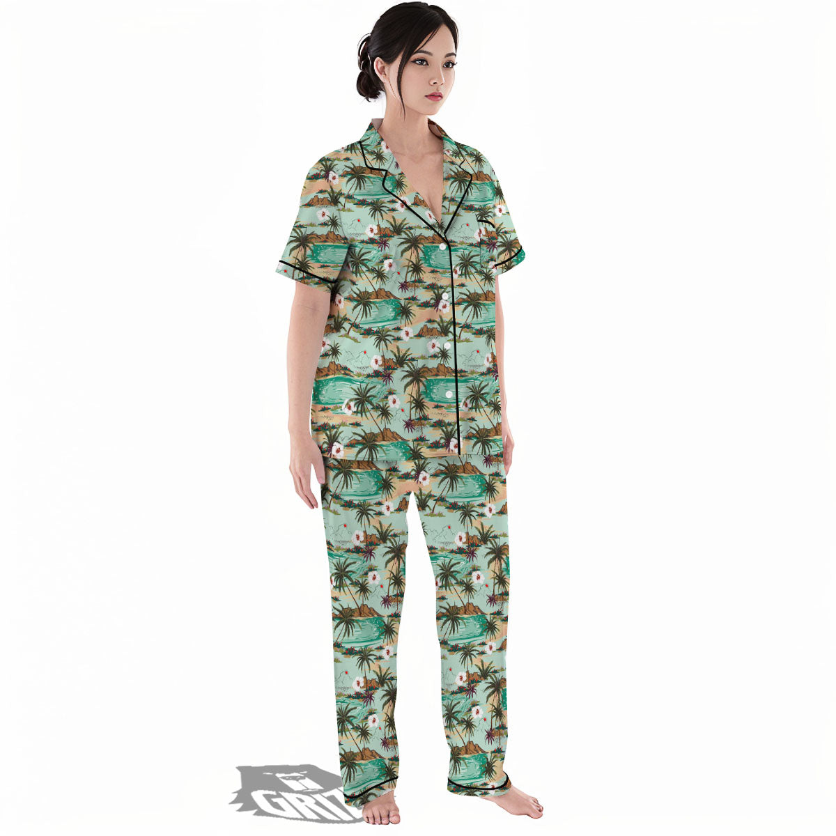 Plam Tree Beach Summer Print Pattern Women's Pajamas Set-grizzshop