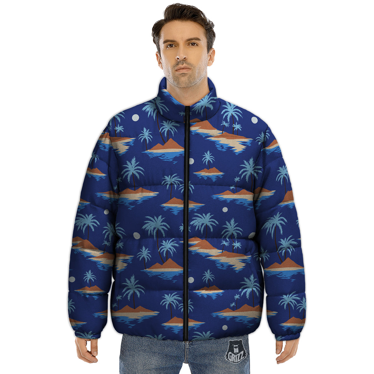 Plam Tree Beach Vintage Print Pattern Puffer Jacket-grizzshop