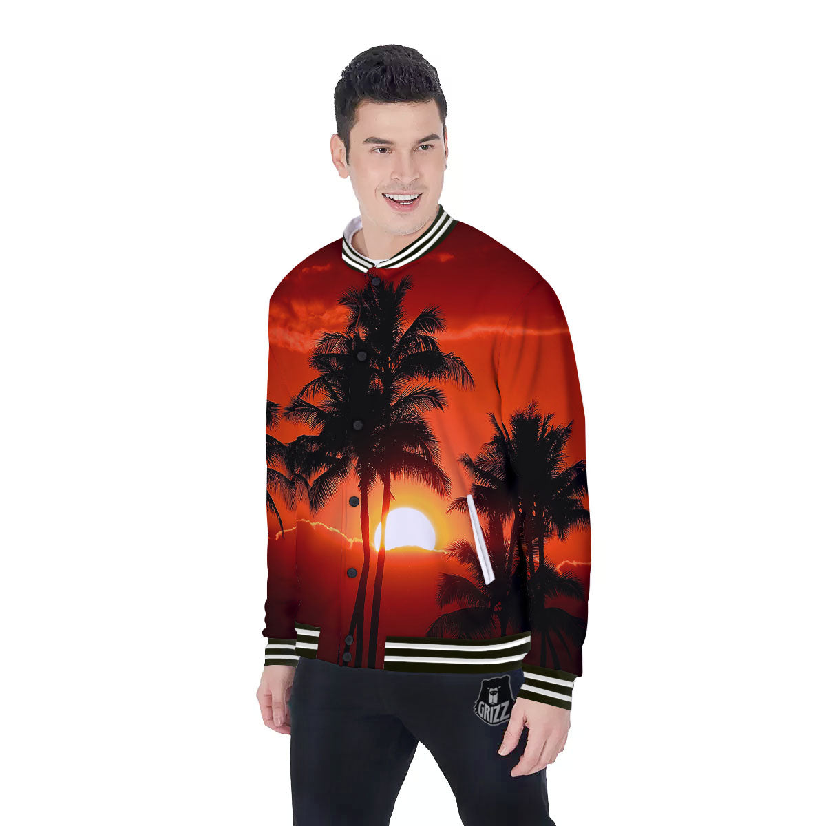 Plam Tree Sunset Tropical Print Baseball Jacket-grizzshop