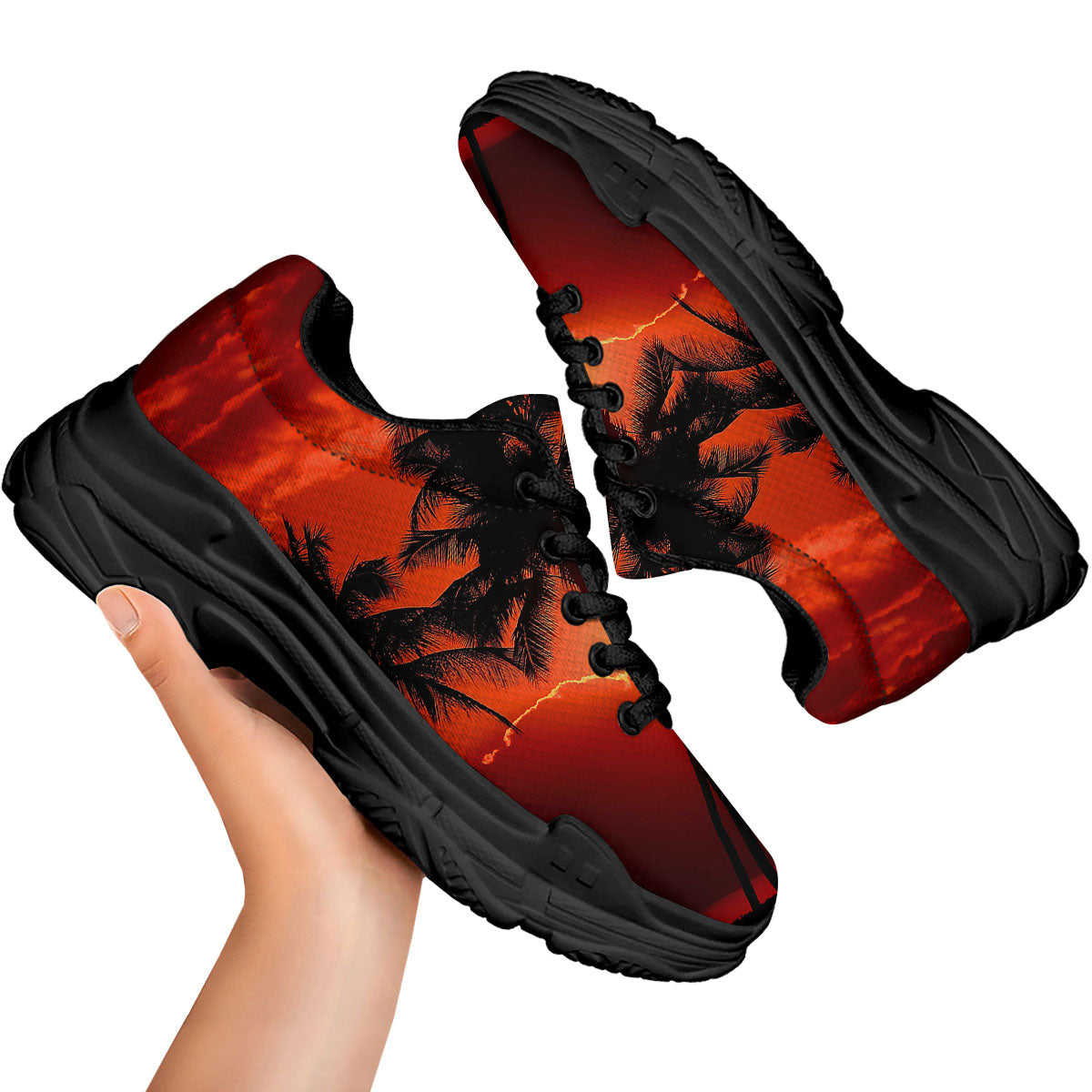 Plam Tree Sunset Tropical Print Black Chunky Shoes-grizzshop