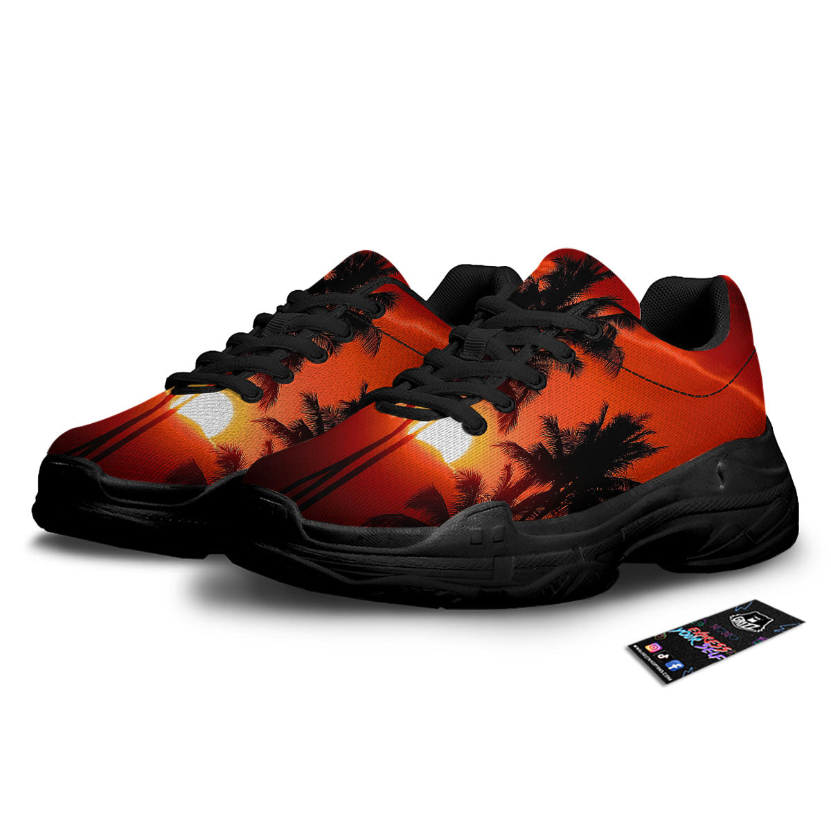 Plam Tree Sunset Tropical Print Black Chunky Shoes-grizzshop