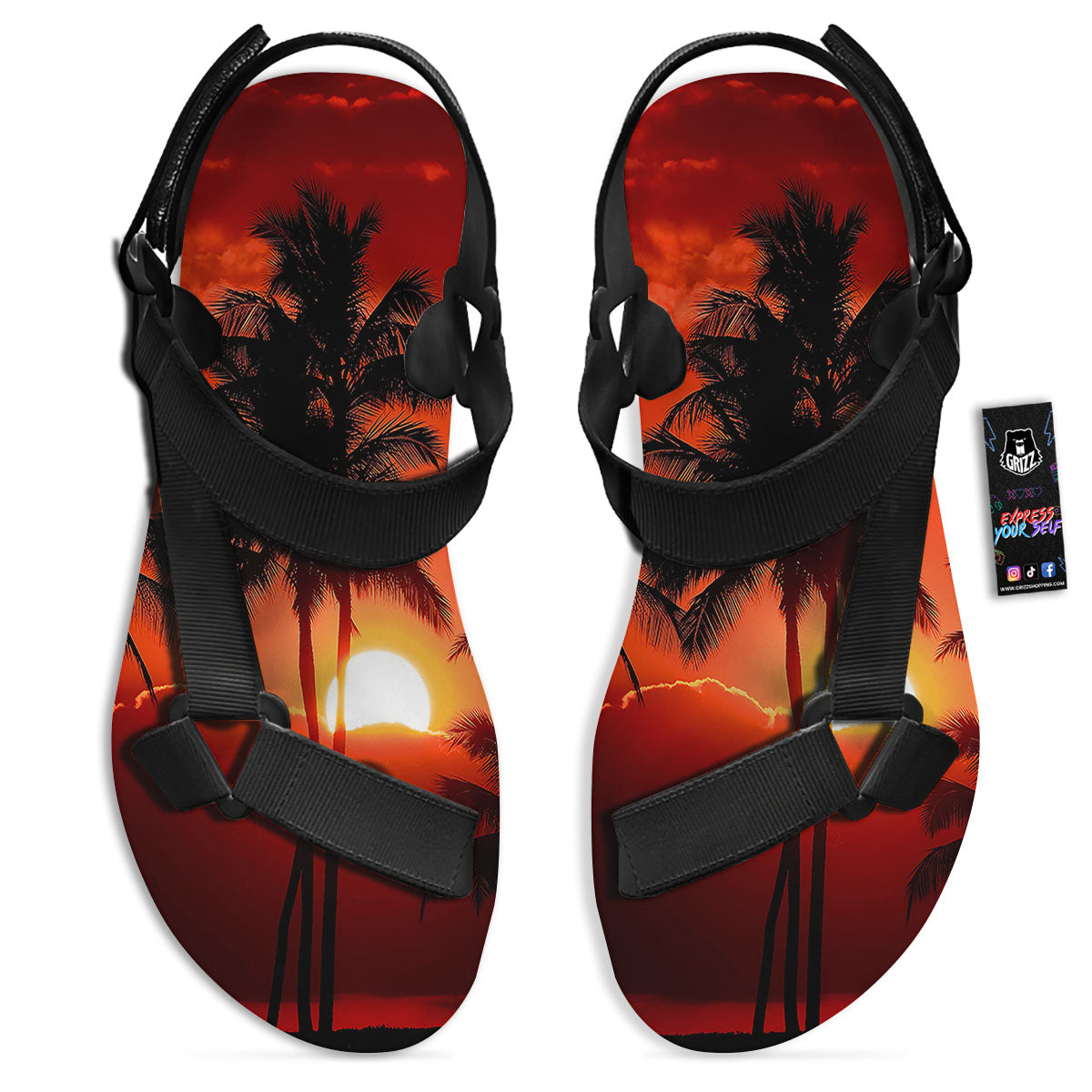 Plam Tree Sunset Tropical Print Black Open Toe Sandals-grizzshop