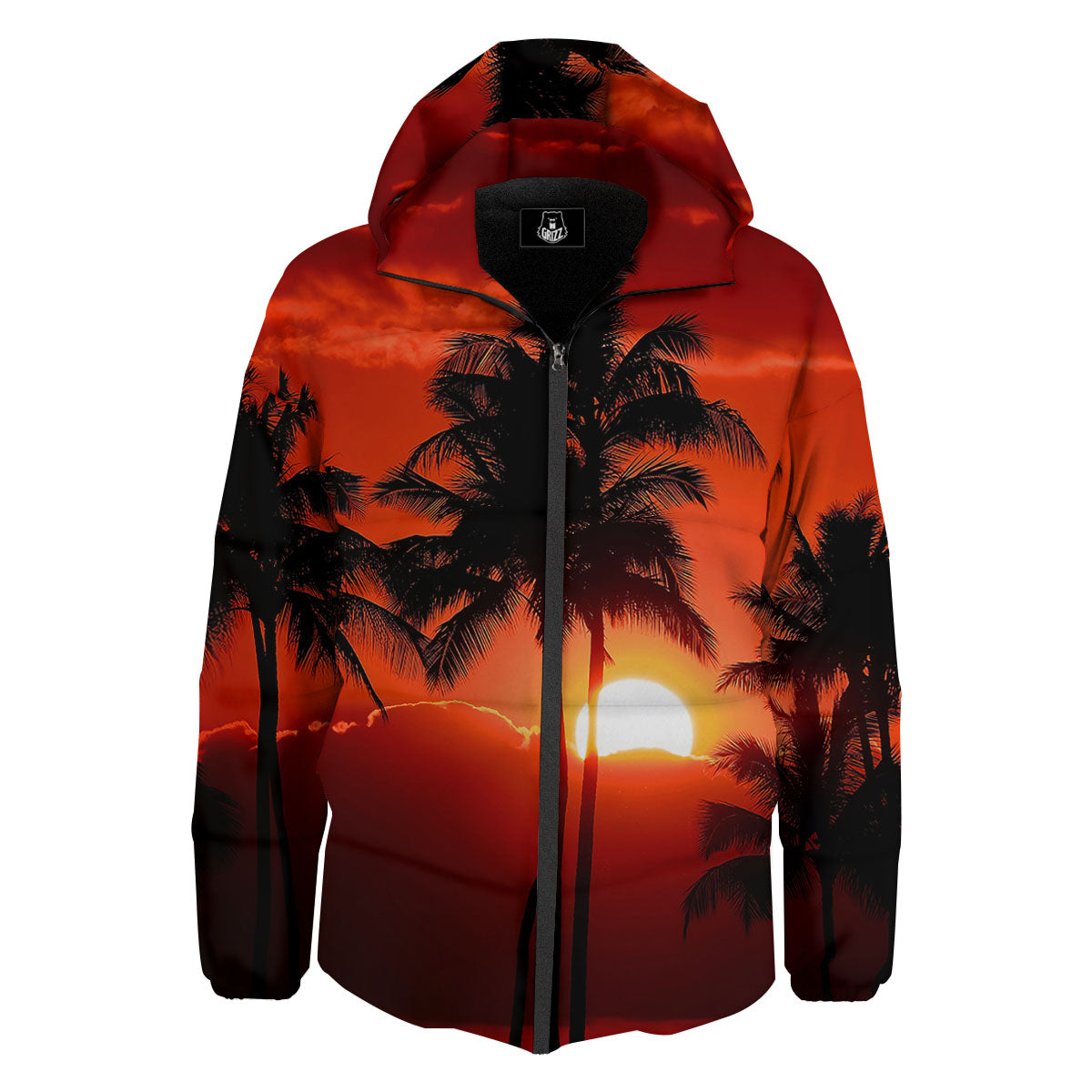 Plam Tree Sunset Tropical Print Down Jacket-grizzshop