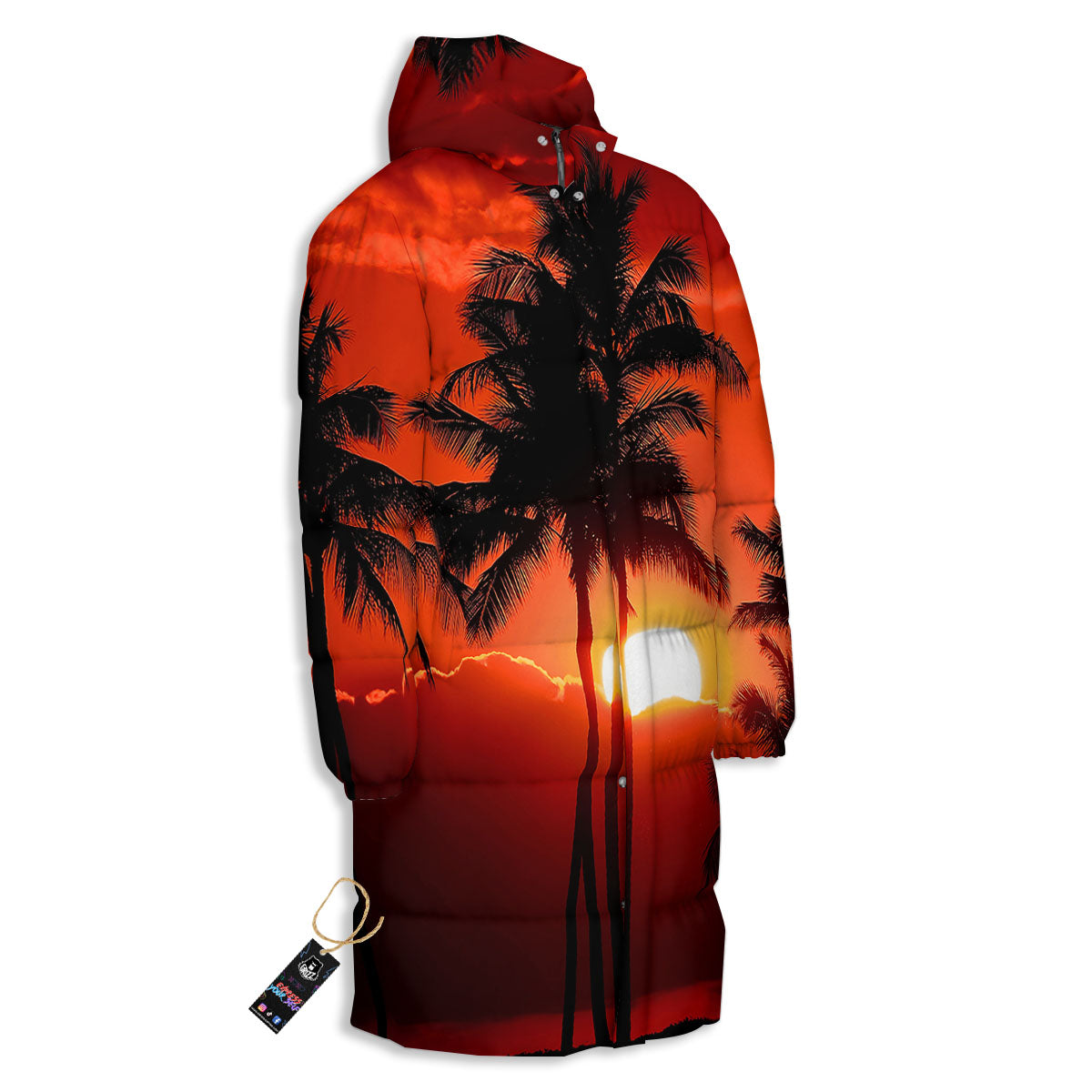 Plam Tree Sunset Tropical Print Long Down Jacket-grizzshop