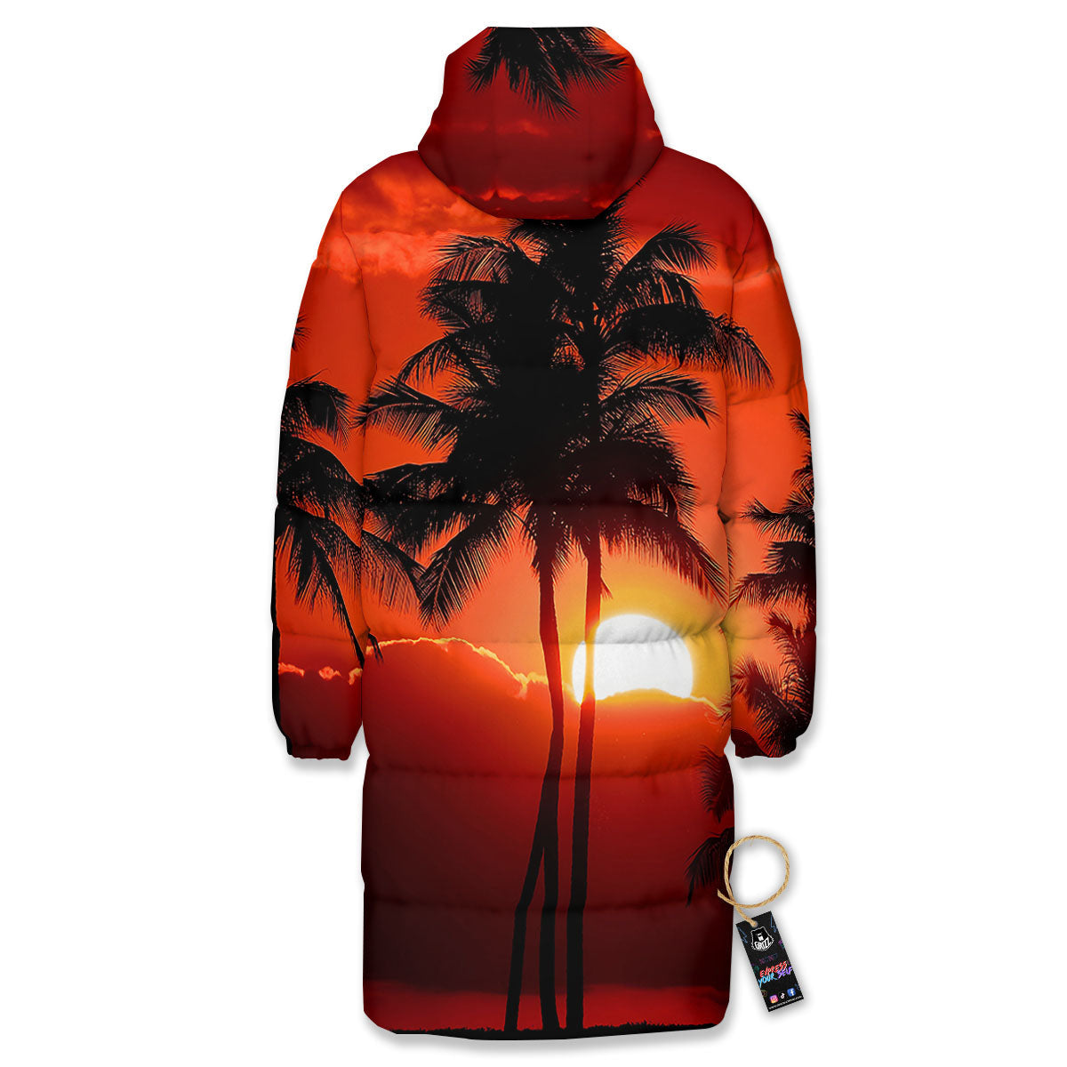 Plam Tree Sunset Tropical Print Long Down Jacket-grizzshop