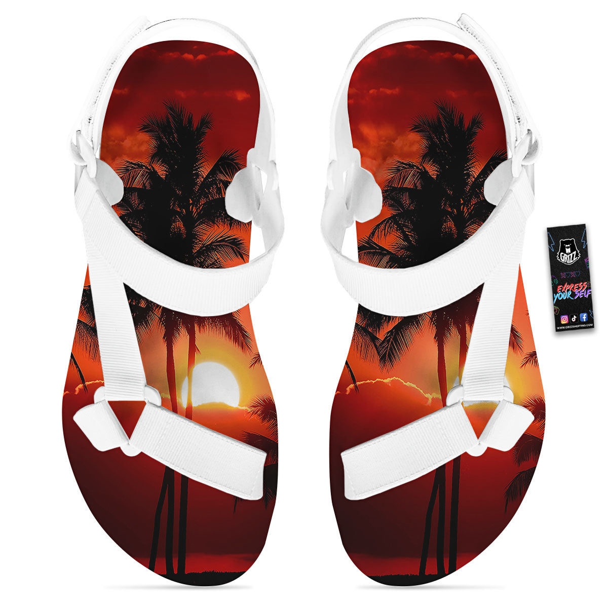 Plam Tree Sunset Tropical Print White Open Toe Sandals-grizzshop
