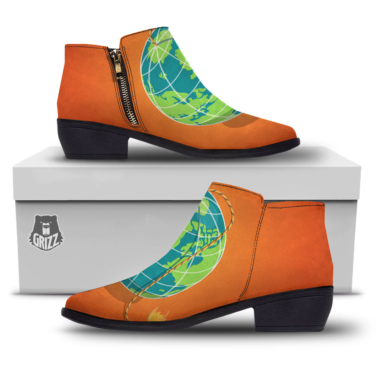 Planet Earth With Burning Fuse Orange Print Ankle Boots-grizzshop
