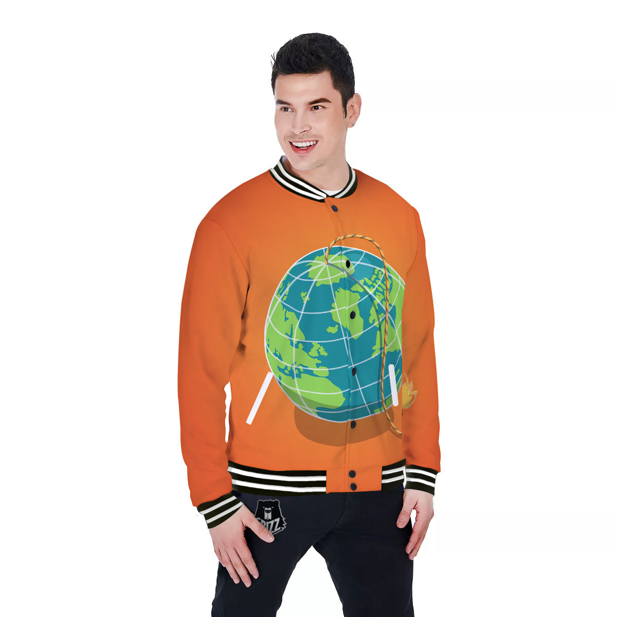 Planet Earth With Burning Fuse Orange Print Baseball Jacket-grizzshop