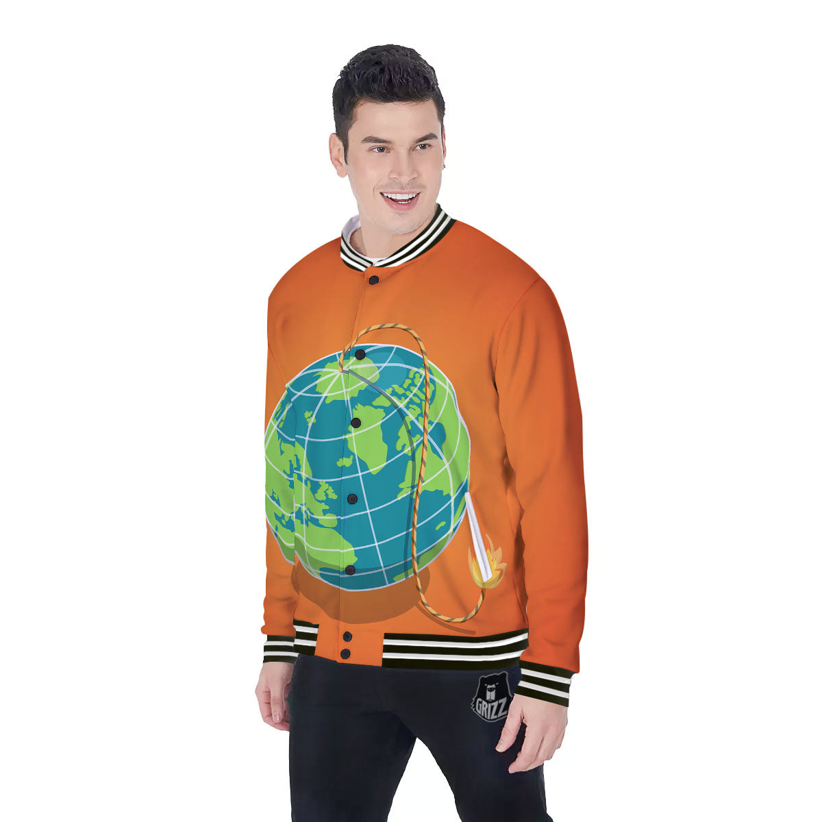 Planet Earth With Burning Fuse Orange Print Baseball Jacket-grizzshop