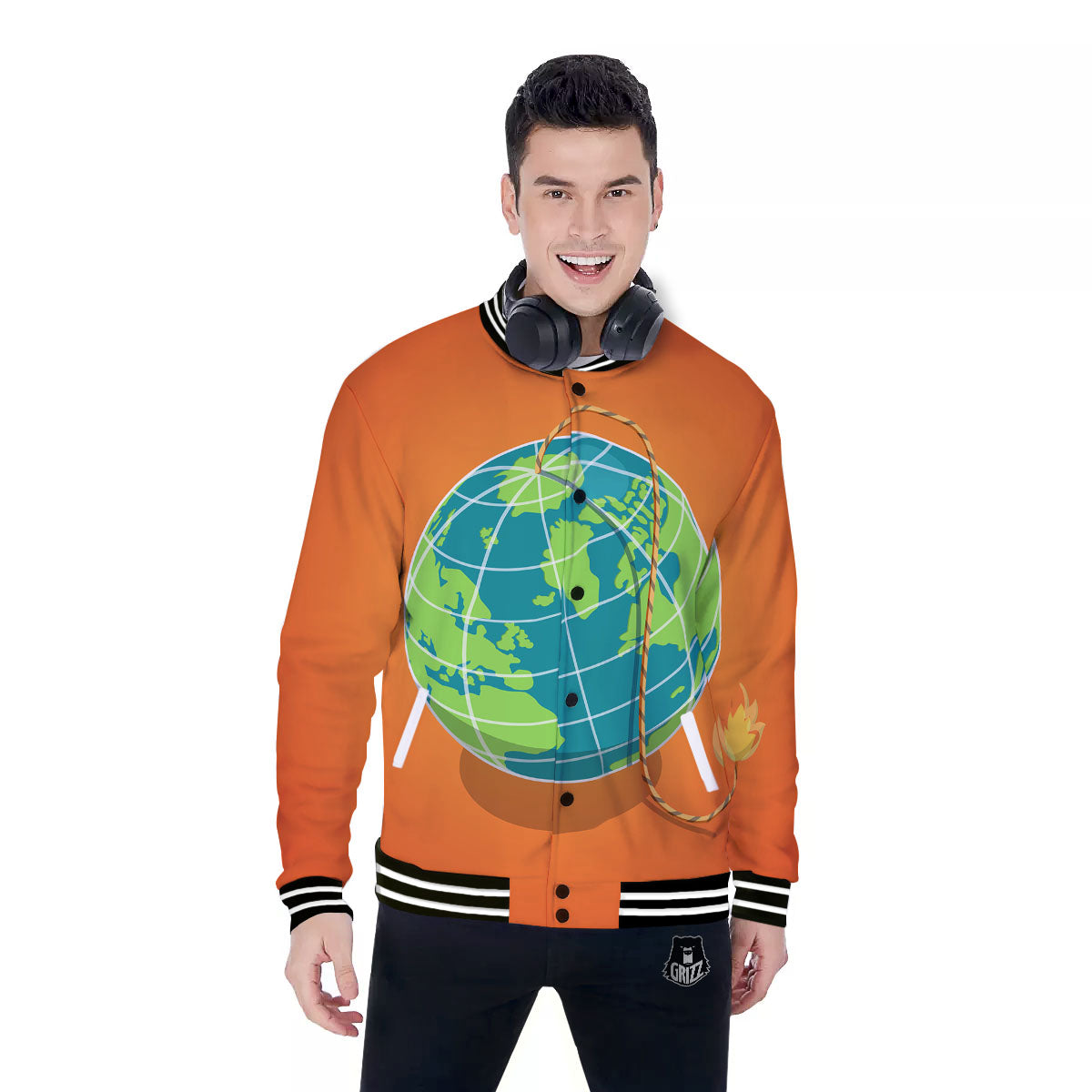 Planet Earth With Burning Fuse Orange Print Baseball Jacket-grizzshop
