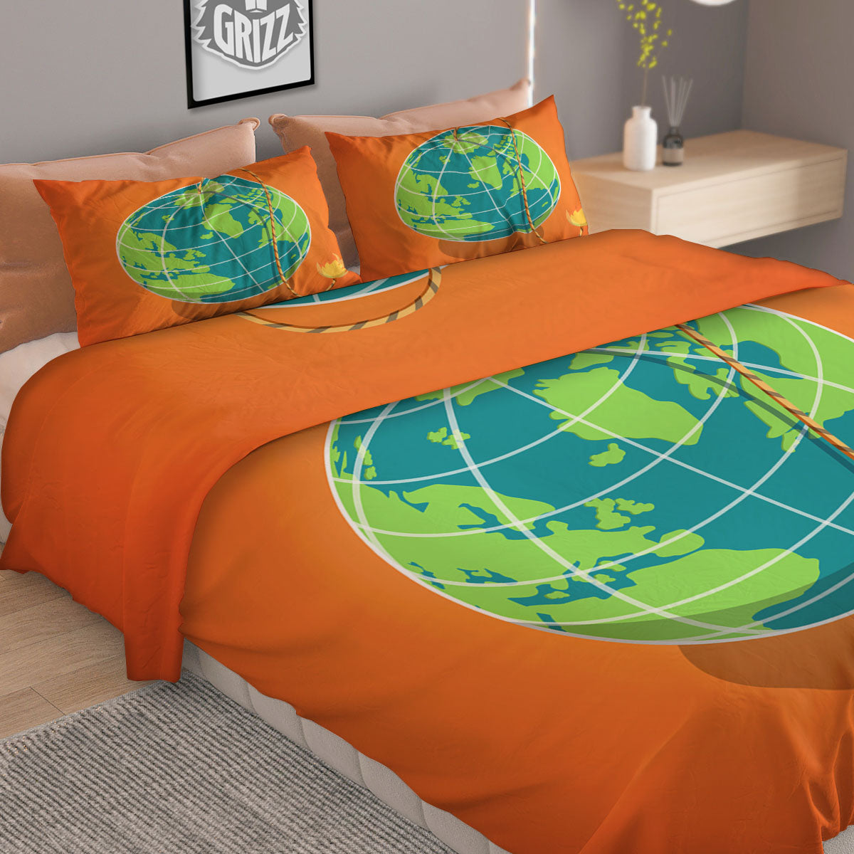Planet Earth With Burning Fuse Orange Print Duvet Cover Bedding Set