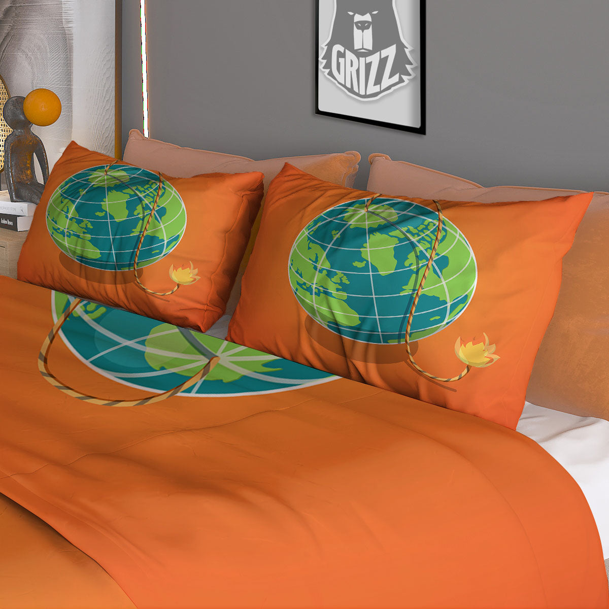 Planet Earth With Burning Fuse Orange Print Duvet Cover Bedding Set