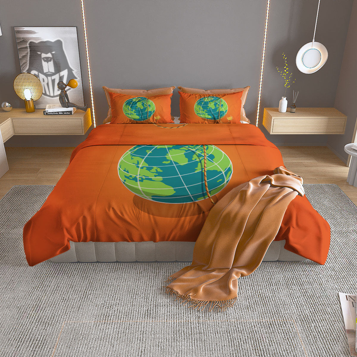 Planet Earth With Burning Fuse Orange Print Duvet Cover Bedding Set