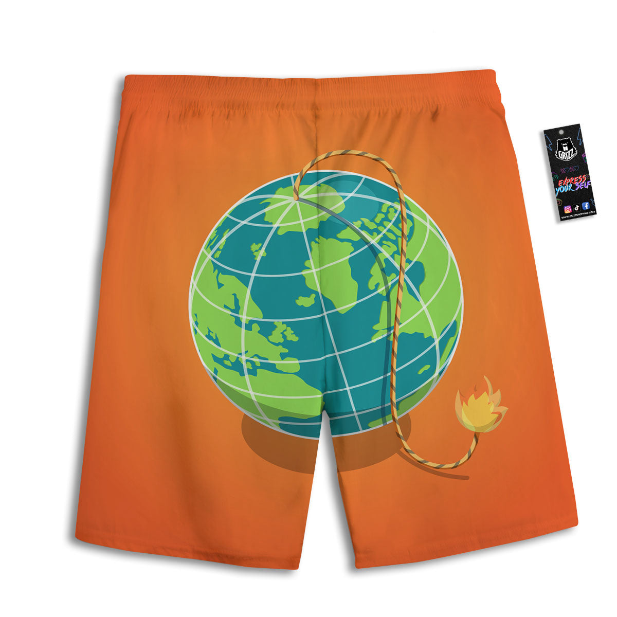 Planet Earth With Burning Fuse Orange Print Men's Athletic Shorts