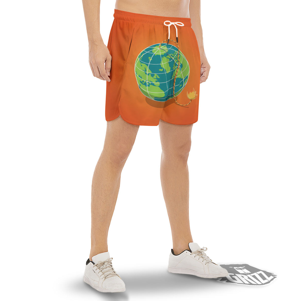 Planet Earth With Burning Fuse Orange Print Men's Gym Shorts-grizzshop