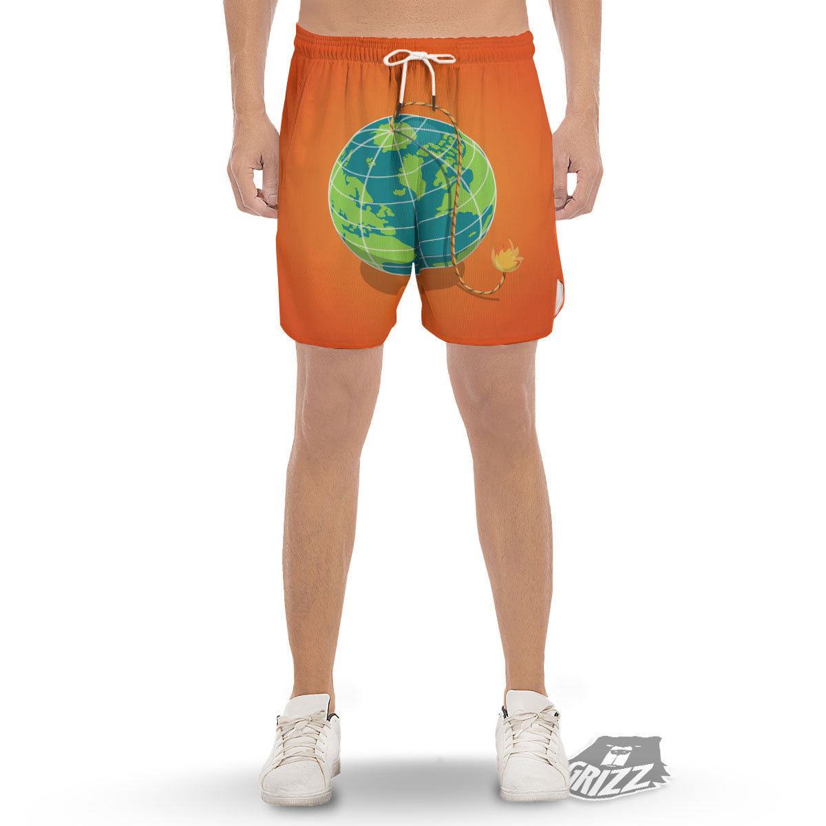 Planet Earth With Burning Fuse Orange Print Men's Gym Shorts-grizzshop