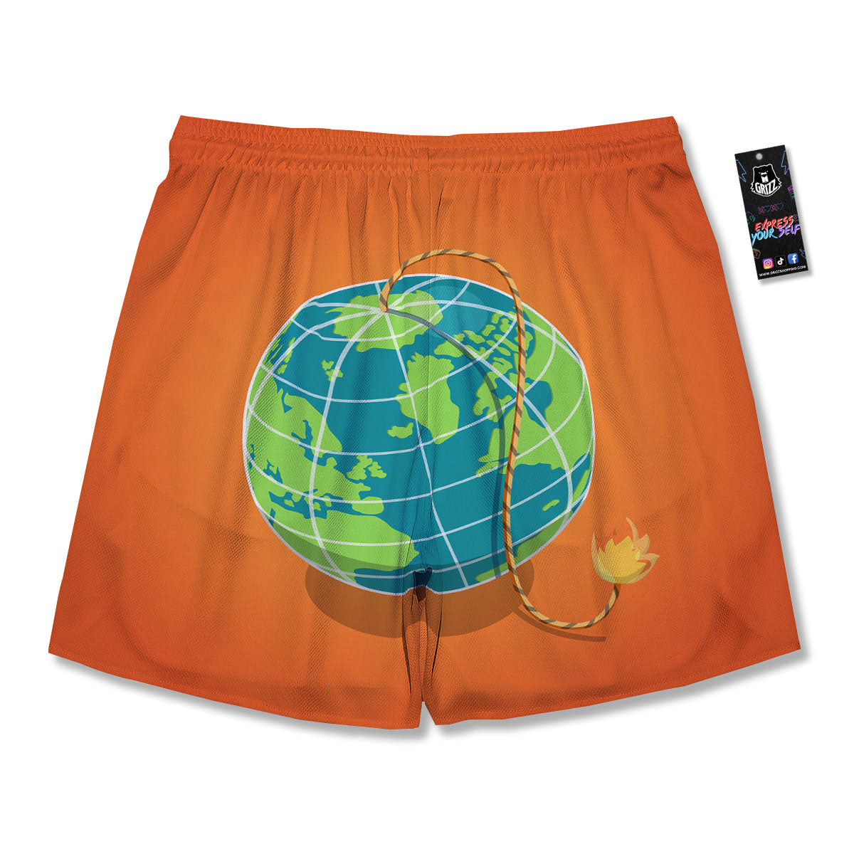 Planet Earth With Burning Fuse Orange Print Men's Running Shorts-grizzshop