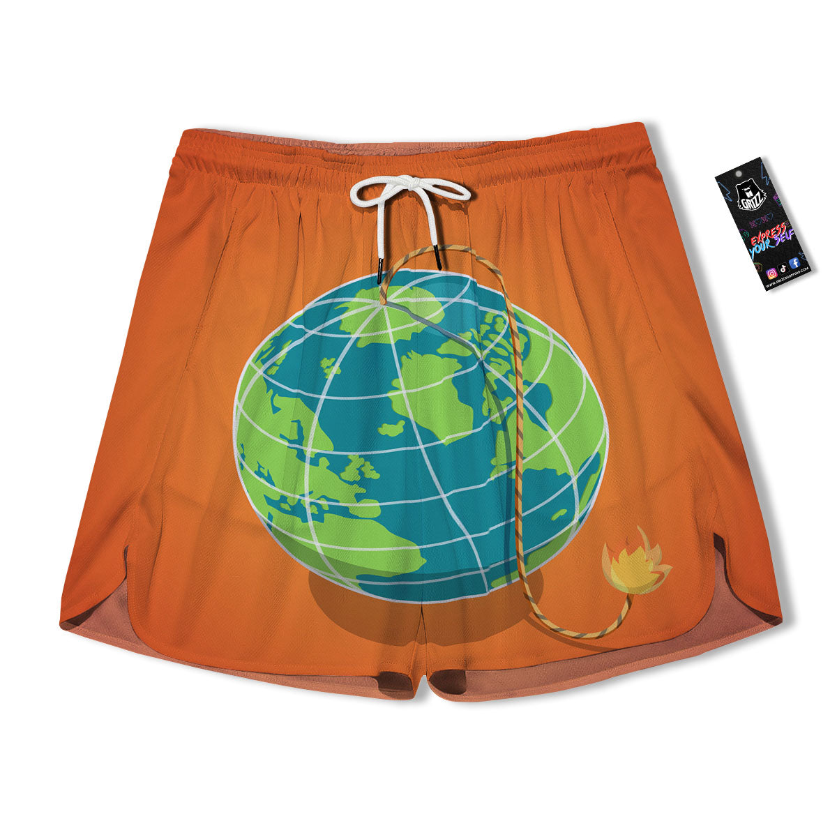 Planet Earth With Burning Fuse Orange Print Men's Running Shorts-grizzshop