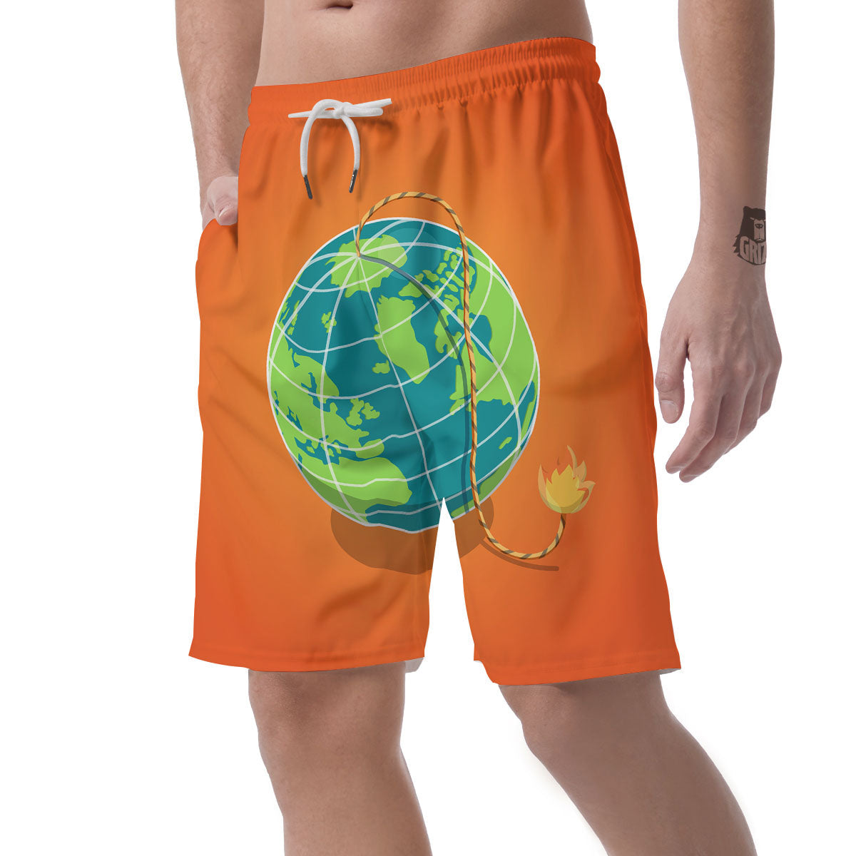 Planet Earth With Burning Fuse Orange Print Men's Shorts-grizzshop