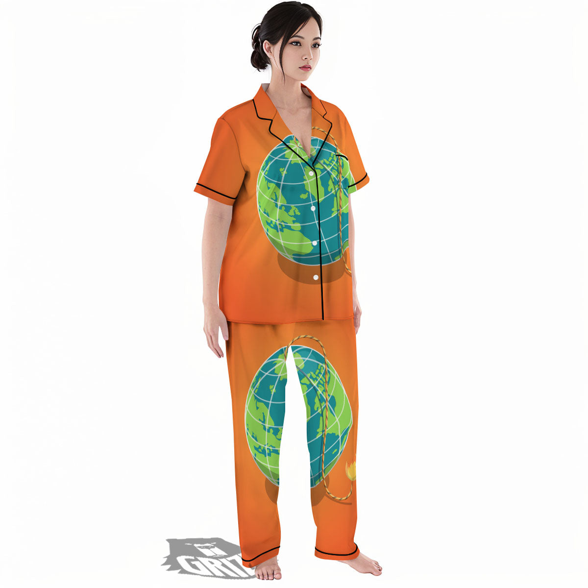 Planet Earth With Burning Fuse Orange Print Women's Pajamas Set-grizzshop