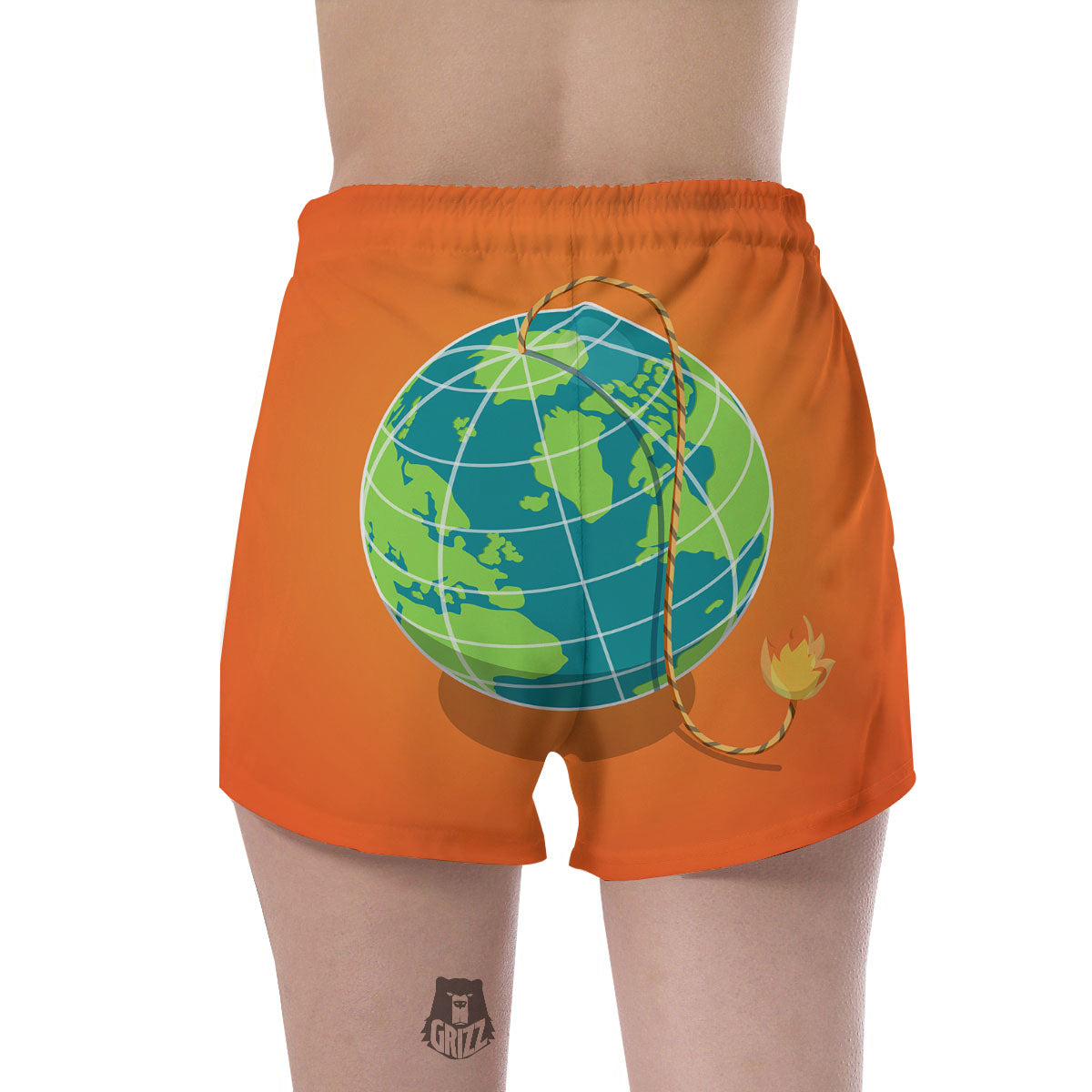 Planet Earth With Burning Fuse Orange Print Women's Shorts-grizzshop